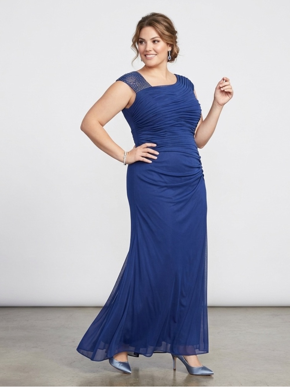 Alex Evenings Plus Size Ruched Rhinestone-Detail Gown 18W Electric Blue